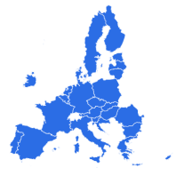 Eine Karte aller Mitgliedsländer der Europäischen Union in blauer Farbe auf weißem Grund