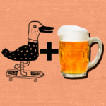 Illustration einer Ente auf einem Skateboard und ein Foto eines Bierglases