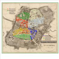 Grundriss der Nürnberger Altstadt mit farbiger Einzeichnung der acht Stadtviertel innerhalb des vorletzten Mauerrings.