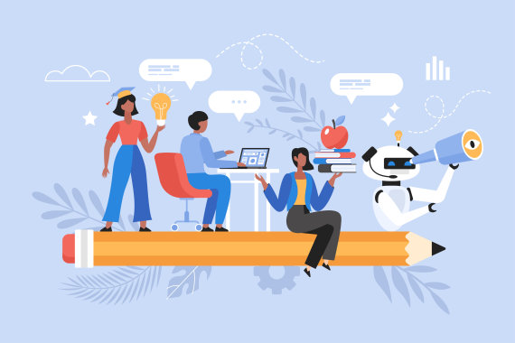 Back to school concept. Education artificial intelligence concept. Modern vector illustration of students using AI technology for studing and learning