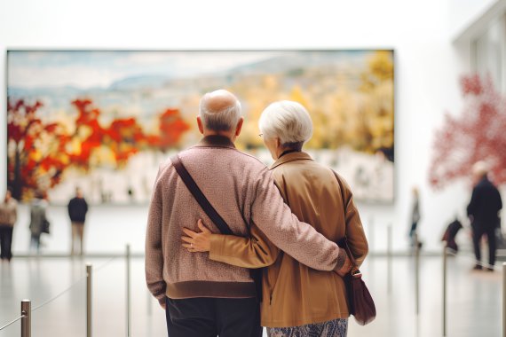 An elderly couple is seen engaging in a cultural outing, appreciating the beauty of various artworks displayed in a museum exhibition. Traveling together, immersing themselves in the world of art.