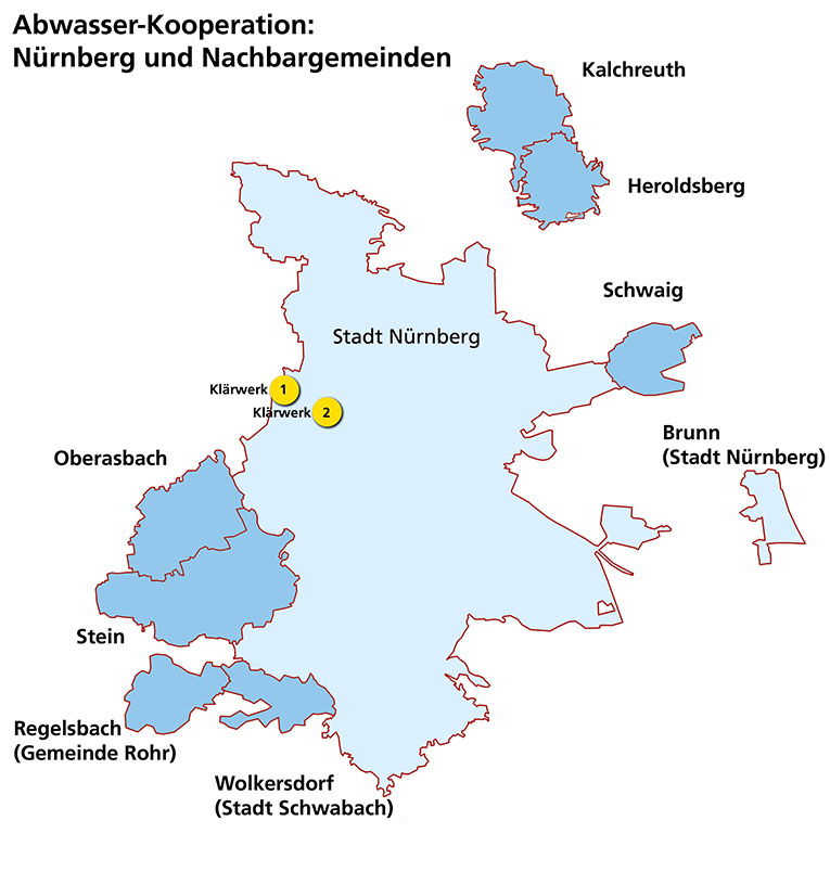 Das Einzugsgebiet der Nürnberger Klärwerke mit Darstellung der angeschlossenen Gemeinden. Regelsbach kommt Ende 2024 hinzu.