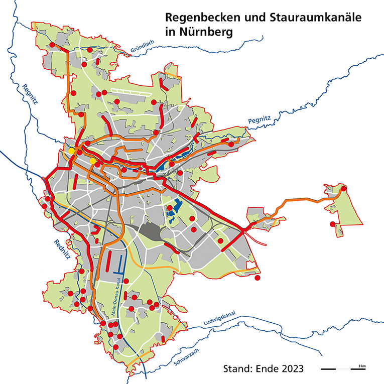 Lageplan der Regenbecken und Stauraumkanäle in Nürnberg.