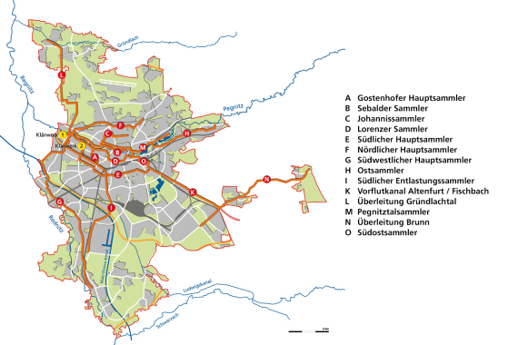 Stadtplan mit Darstellung der Hauptkanäle