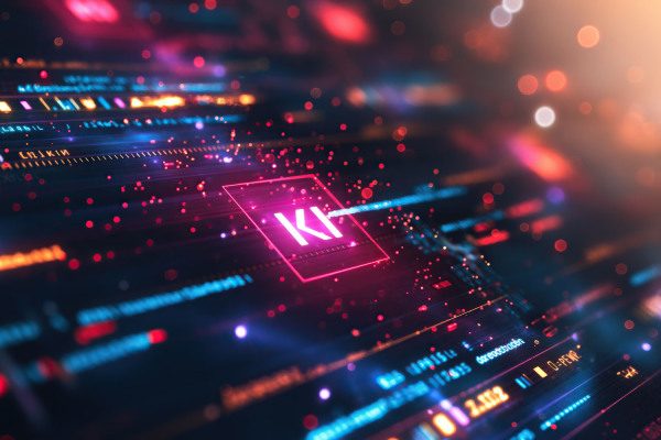 Illustration: leuchtende Datenströme, die Künstliche Intelligenz symbolisieren. In der Mitte die Buchstaben "KI".