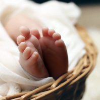 Füße eines Neugeborenen in einer Wiege.