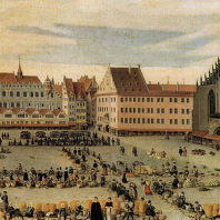 Historisches Farbbild des Ostermarkts Nürnberg. Rechts im Bild befindet sich die Liebfrauenkirche. In der Bildmitte sind Händler mit ihren Waren zu sehen. 