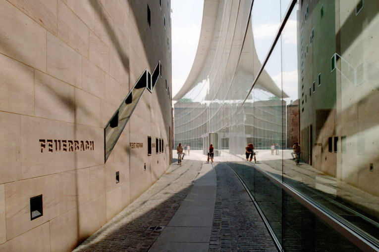 Blick entlang der Glasfassade des Neues Museums Nürnberg