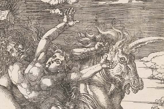Albrecht Dürer: Die Entführung auf dem Einhorn, 1516, Eisenradierung.
