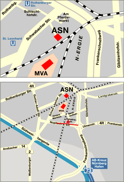 Anfahrtsplan zum ASN. Die Müllverbrennungsanlage kann nur über die Industriestraße angefahren werden.