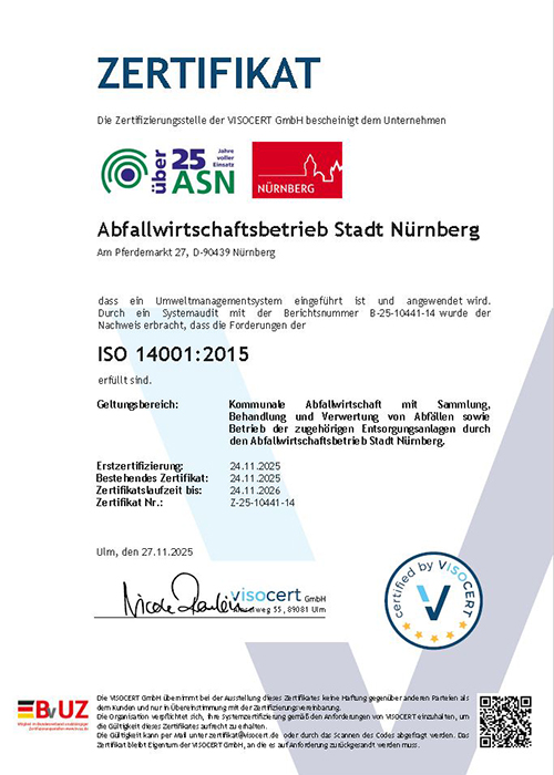 Wir sind zertifiziert nach ISO 14001 © ASN / Stadt Nürnberg