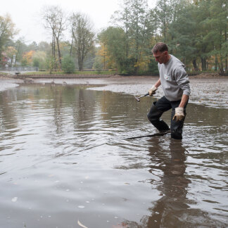 ... und mit einem Hammer ein Brett aus der Barriere zieht, die W