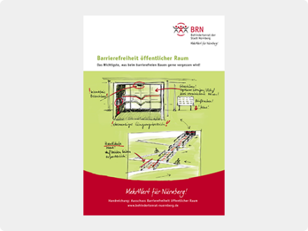 Das Bild zeigt den Titel von der Broschüre: Barriere·freiheit im öffentlichen Raum. Die Broschüre ist vom Behinderten·rat Nürnberg.