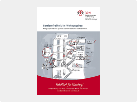 Das Bild zeigt den Titel von der Broschüre: Bauen und Wohnen. Die Broschüre ist vom Behinderten·rat Nürnberg.