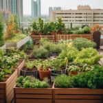 Ecology concept. Wooden boxes with an urban garden on a terrace. Generative AI