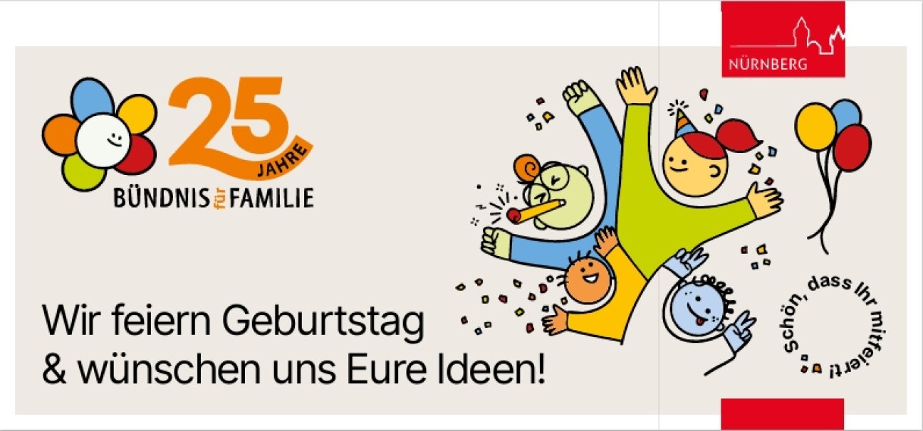 Das Bündnis wird 25. Auf der Karte ist das Logo mit dem Spruch "Wir feiern Geburtstagt & wünschen uns eure Ideen!", Bild © Bündnis für Familie, Stadt Nürnberg