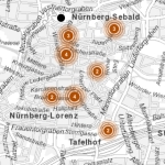 Auf dem Bild sieht man eine Karte der Nürnberger Innenstadt auf der mit Punkten angegeben ist, wo es Wickelmöglichkeiten gibt.