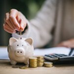 Woman placing coins into a piggy bank, with stacks of coins, calculator, and notebook nearby, symbolizing saving and financial planning