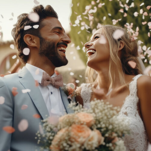© Didik Saputra, Didik Saputra Happy bride at wedding ceremony and people sprinkling flower petals © Didik Saputra, Didik Saputra