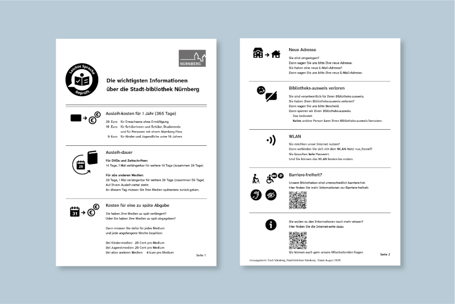 Grafik: Die beiden Seiten des Infosheets der Stadtbibliothek Nürnberg stehen sich gegenüber., Bild © Stadt Nürnberg