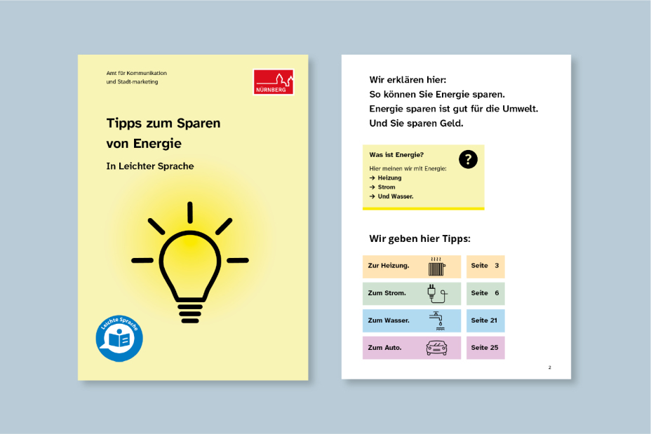 Grafik: Links ist die Startseite der Energiesparbroschüre zu sehen. Rechts sieht man eine Seite aus der Energiesparbroschüre., Bild © Stadt Nürnberg