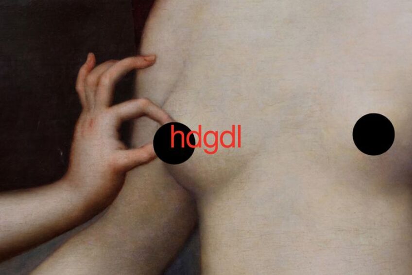 A child’s hand (Cupid’s?) reaches for the nipple of a naked female torso, concealed by black circles., Image © Pose Pistola
