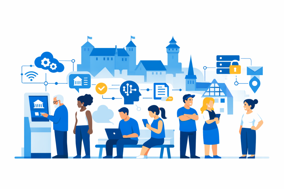 Vor der Altstadt-Silhouette stehen und sitzen verschiedenen Personen und greifen auf digitale Angebote der Stadtverwaltung zu, bzw. genießen die Lebensqualität in der Stadt.