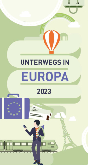 Titelblatt der Broschüre Unterwegs in Europa 2023