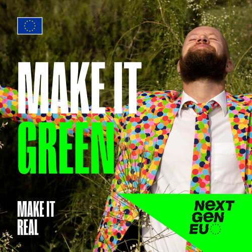 Das Bild zeigt einen Mann in einem bunt gepunkteten Anzug, der die Arme ausstreckt. Der Schriftzug in weiß und neongrün sagt MAKE IT GREEN - MAKE IT REAL.