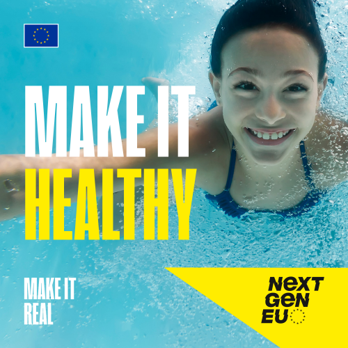 Auf dem Foto ist ein schwimmendes Mädchen zu sehen, das lacht. Der Slogan sagt MAKE IT HEALTHY - MAKE IT REAL