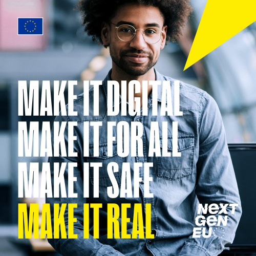 Auf dem Foto ist ein junger Mann abgebildet. Der Slogan sagt: MAKE IT DIGITAL - MAKE IT FOR ALL - MAKE IT SAFE - MAKE IT REAL