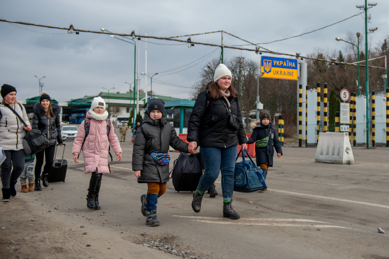 Refugees from Ukraine cross the border into Poland, crisis related to the war in Ukraine, in Medyka,  Polish-Ukrainian bordercross, Poland on March 2, 2022.