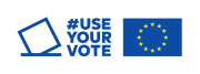 Minimalistische blaue Wahlurne nebst Slogan des Europäischen Parlaments use your vote.