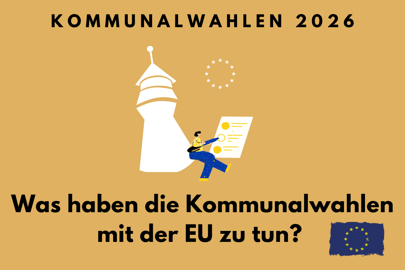 Graphik des Sinnwellturms, eines EU-Sternenkranzes sowie einer Frau, die mit einem Stift einen Stimmzettel ausfüllt, auf gelbem Hintergrund und dem Schriftzug "Kommunalwahlen 2026 - Was haben die Kommunalwahlen mit der EU zu tun?", Bild © EUROPE DIRECT Nürnberg