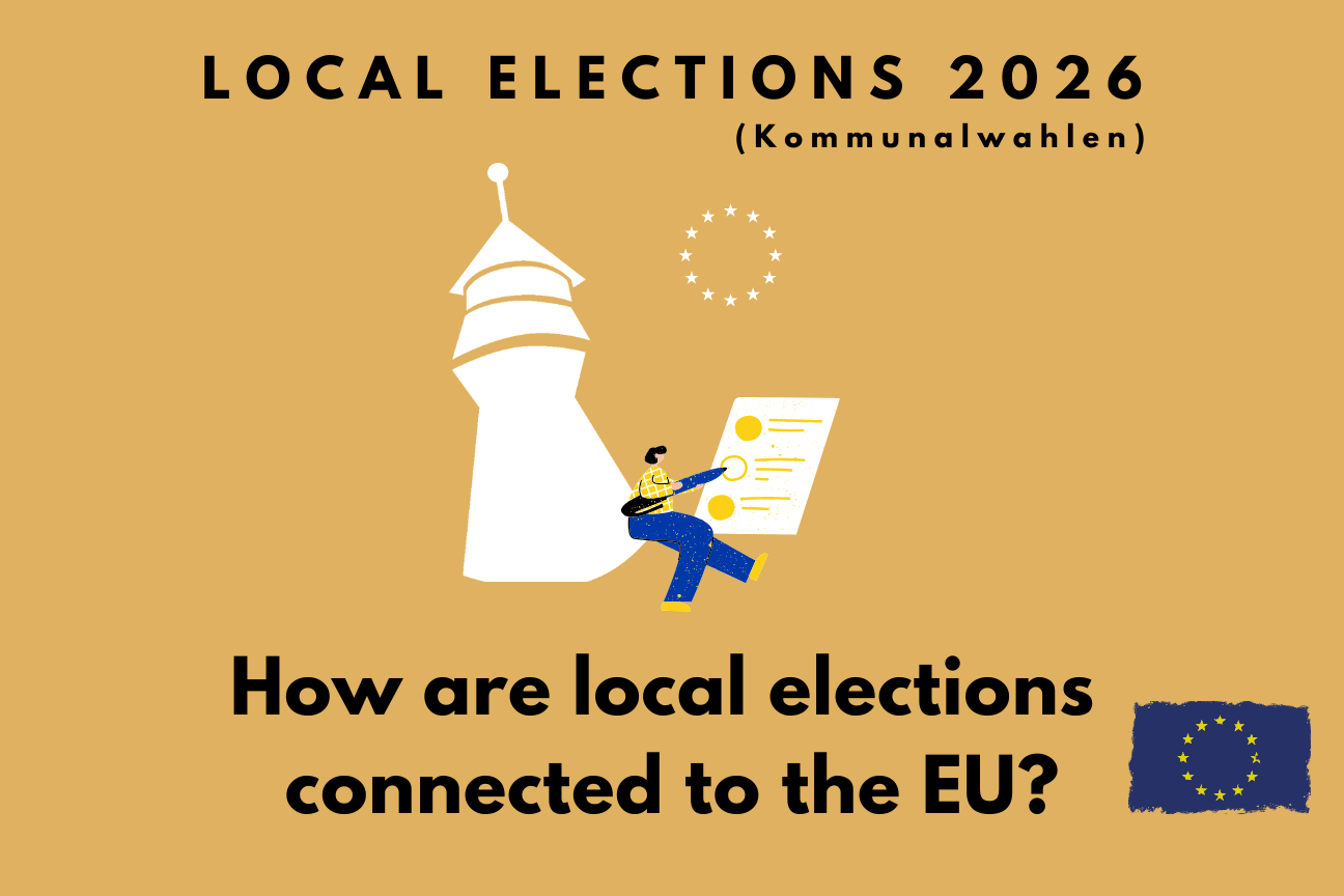 Graphic of the Sinnwellturm tower, an EU star banner and a woman filling out a ballot paper with a pen, on a yellow background with the words ‘Local elections 2026 – How are local elections connected to the EU?’, Image © EUROPE DIRECT Nürnberg