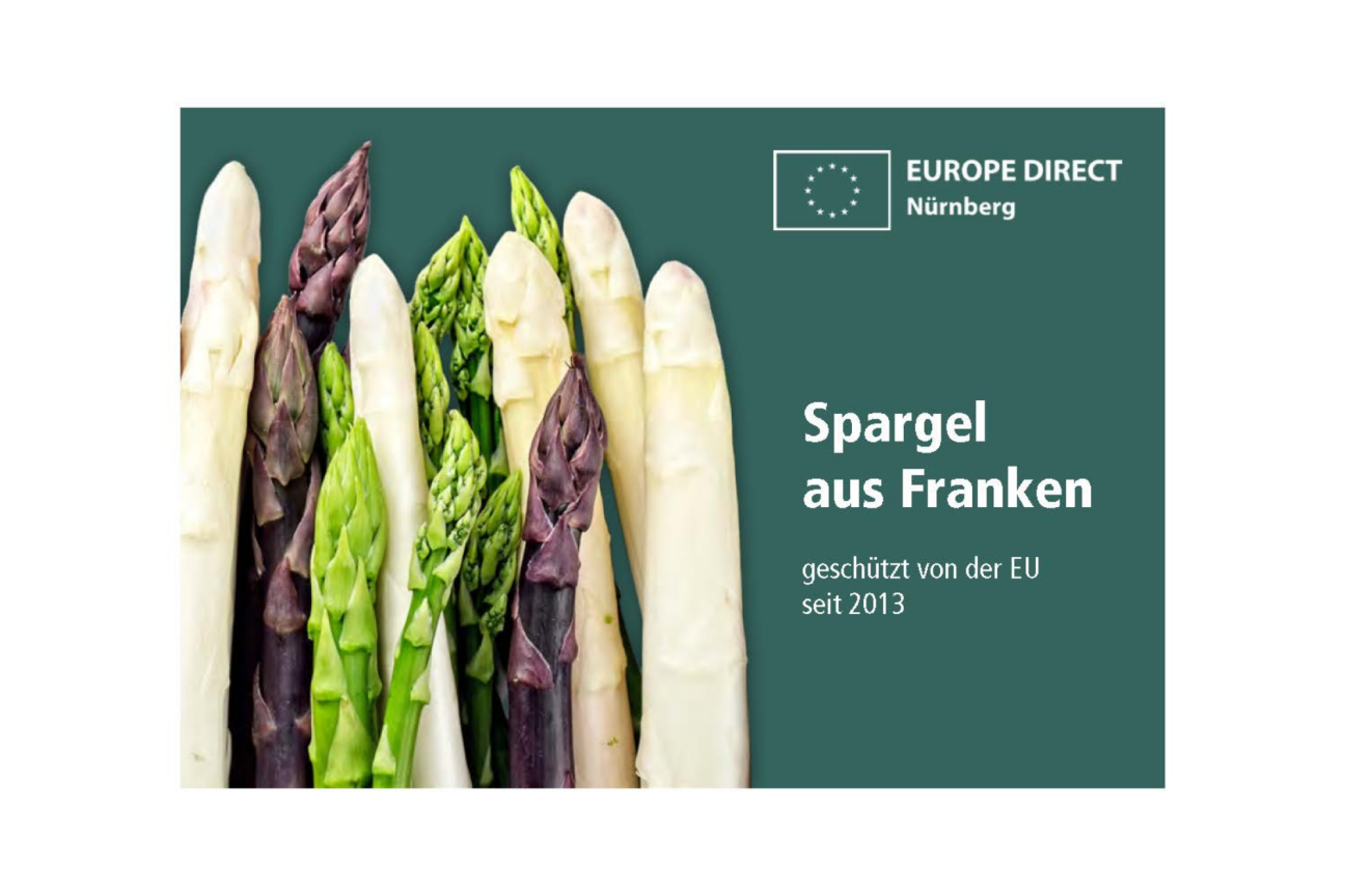 Fränkischer Spargel in weiß, lila und grün vor tealfarbenem Hintergrund und dem EUROPE DIRECT Nürnberg Logo. Der Text sagt Spargel aus Franken geschützt von der EU seit 2013., Bild © ED Nürnberg / Adobe Stock