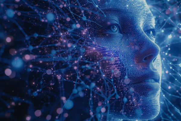 Ein Frauengesicht inmitten eines Meeres aus Punkten und Lichtern, die an eine Datenstruktur erinnern.