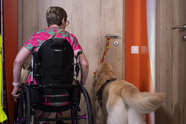 Eine Frau im Rollstuhl mit ihrem Servicehund.