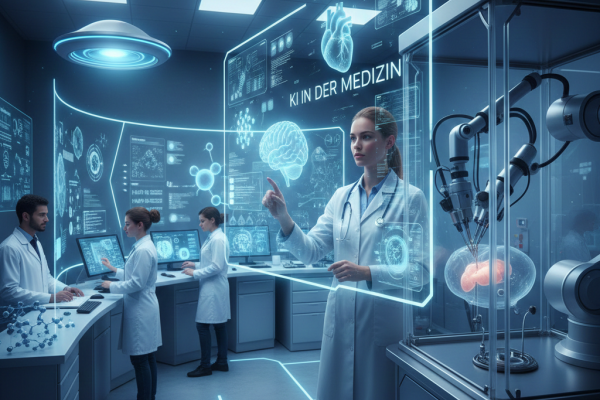 Auf dem KI-generierten Bild ist eine Frau in einem futuristischen medizinischen Labor zu sehen, die einen Bildschirm bedient.