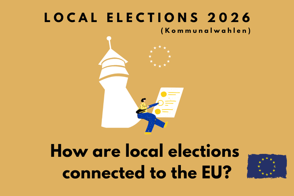 Graphic of the Sinnwellturm tower, an EU star banner and a woman filling out a ballot paper with a pen, on a yellow background with the words ‘Local elections 2026 – How are local elections connected to the EU?’