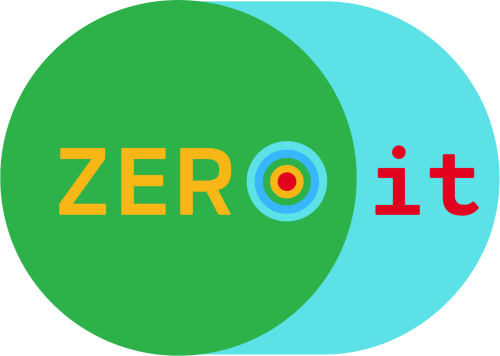 Logo ZEROit: Grüner Kreis mit gelbem Schriftzug 'ZERO' und blauem Zielscheiben-Symbol als 'O', daneben roter Schriftzug 'it' auf hellblauem Hintergrund.