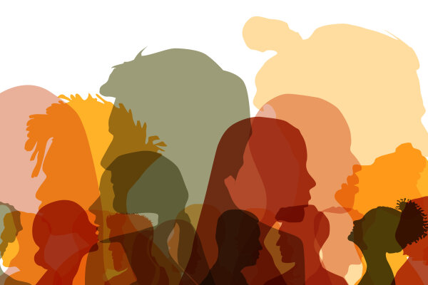 Group side silhouette men and women of different culture