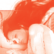 In Rottönen gehaltenes Bild eines liegenden Mädchens mit geschlossenen Augen.