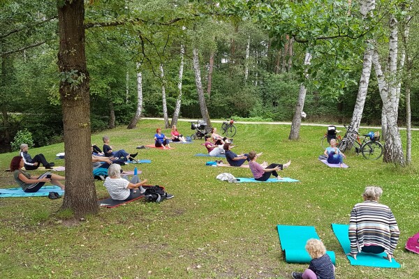 Menschen machen Yoga auf Matten im Grünen zwischen Bäumen.