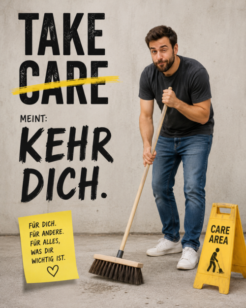 © KI generiert / Stadt Nürnberg Ein Mann kehrt und verdeutlicht dadurch das Wortspiel: "Take Care" meint "Kehr dich". © KI generiert / Stadt Nürnberg
