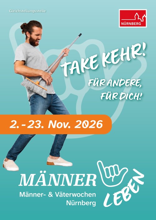 Ein Mann tanzt mit einem Besen und verdeutlicht dadurch das Wortspiel: "Take Kehr".
