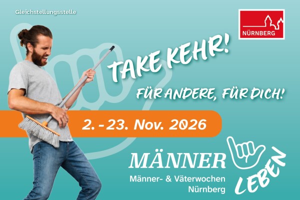 Ein Mann tanzt mit einem Besen und verdeutlicht dadurch das Wortspiel: "Take Kehr".