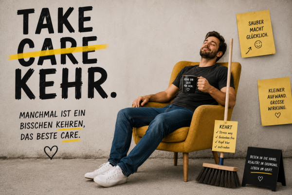 Ein Mann ruht sich auf einem Sessel neben einem Besen aus und verdeutlicht dadurch das Wortspiel: "Take Kehr".