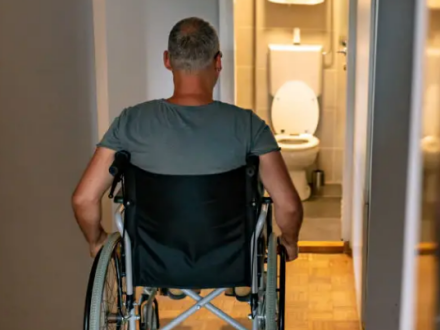 Bild © IStock Foto: Eine Person im Rollstuhl schaut auf die offene Tür zur Toilette. Man sieht die Person von hinten., Bild © IStock