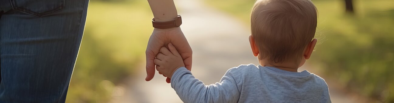 Eine erwachsene Person hält ein Kleinkind beim Spaziergang durch einen Park an der Hand. Beide sind von hinten zu sehen.
